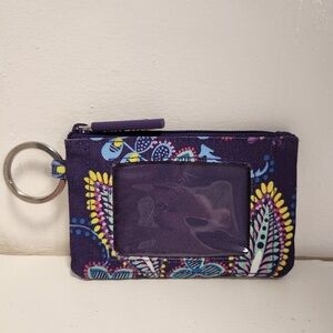 Vera Bradley Zip ID Case Key Ring Cardholder Purple Batik Leaves